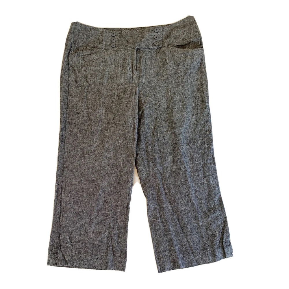 Larry Levine Dress Capri Pants Women's 12 Black Gray Heather Linen Blend Office